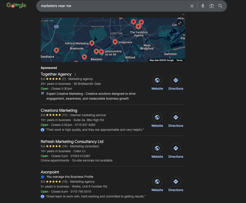 local map pack results for 'marketers near me'