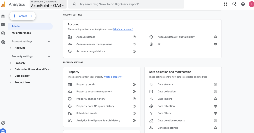 Google Analytics Settings dashboard