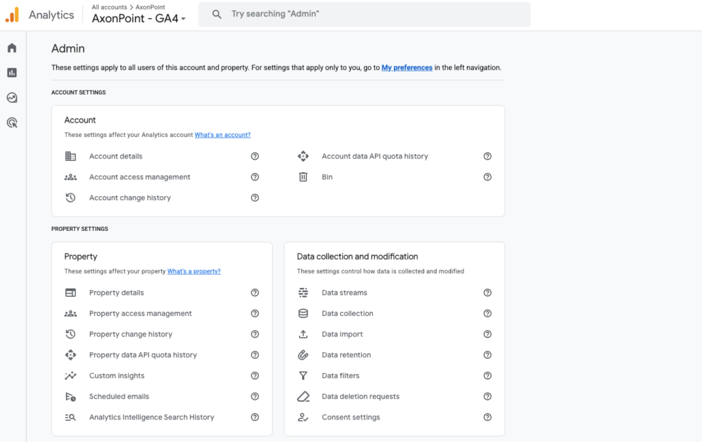 Admin Menu of Google Analytics 4